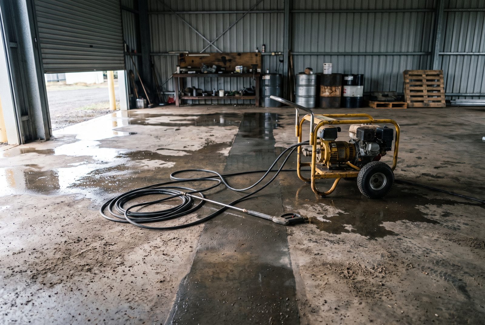 Petrol pressure washer and hose on a wet concrete shed floor, one stripe cleaned